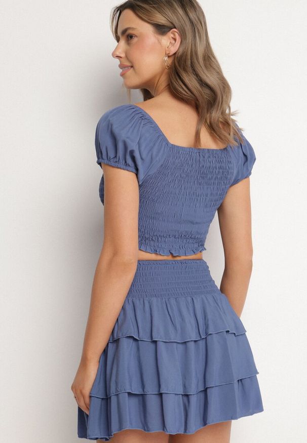 Born2be - Granatowy Komplet Bawełniany Bluzka Hiszpanka i Spódnica z Falbankami Vexa. Kolor: niebieski. Materiał: bawełna. Wzór: aplikacja