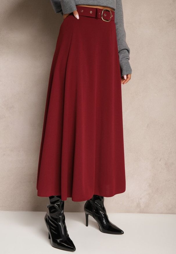 Renee - Bordowa Spódnica o Rozkloszowanym Kroju Melobi. Okazja: na co dzień. Stan: podwyższony. Kolor: czerwony. Styl: elegancki, casual