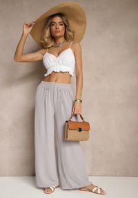 Renee - Szare Spodnie z Bawełną o Szerokim Kroju High Waist Ozdobione Guzikami Morritia. Okazja: na co dzień. Stan: podwyższony. Kolor: szary. Materiał: bawełna. Wzór: aplikacja. Styl: elegancki, casual #5