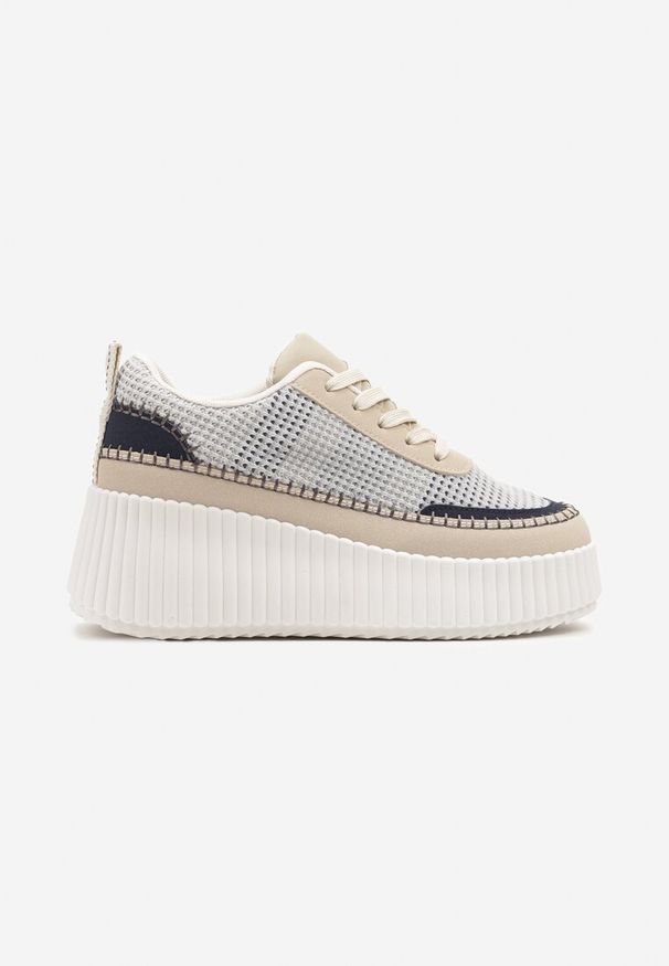 Renee - Niebiesko-Beżowe Sneakersy na Tłoczonej Platformie z Ozdobnymi Przeszyciami Faloviela. Kolor: niebieski. Materiał: jeans. Obcas: na platformie