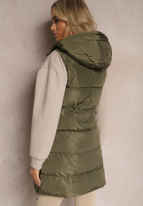 Renee - Ciemnozielona Długa Kamizelka Pikowana Dwustronna ze Sznurkami przy Kapturze Frenila. Okazja: na spacer. Kolor: zielony. Materiał: jeans, materiał. Długość: długie