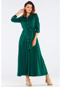 Sukienki.shop - Trapezowa sukienka maxi z koszulową górą butelkowa zieleń. Okazja: na co dzień, do pracy. Materiał: wiskoza. Typ sukienki: trapezowe, koszulowe. Styl: casual. Długość: maxi #1