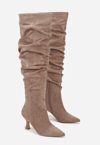 Renee - Ciemnobeżowe Kozaki w Stylu Slouchy na Szpilce Wiolisse. Okazja: na co dzień. Kolor: beżowy. Materiał: jeans. Wzór: aplikacja. Obcas: na szpilce. Styl: casual #3