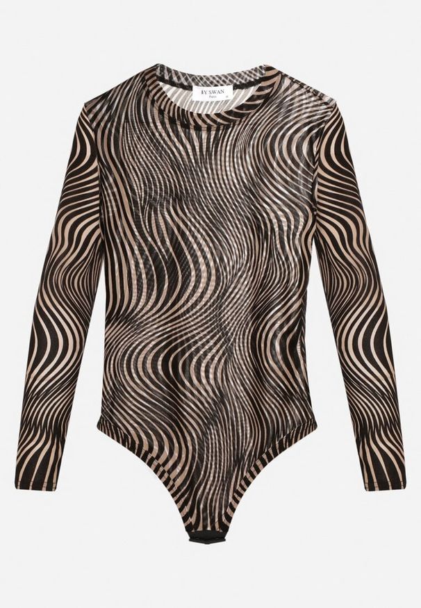 Born2be - Czarno-Beżowe Siateczkowe Body z Hipnotyzującym Wzorem Issanora. Okazja: na co dzień. Kolor: czarny. Materiał: materiał, jeans. Długość rękawa: długi rękaw. Długość: długie. Styl: wizytowy, casual