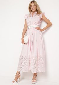 Born2be - Różowa Sukienka Ażurowa o Koszulowym Kroju z Paskiem z Ekoskóry Trija. Okazja: na co dzień, na imprezę. Kolor: różowy. Wzór: ażurowy. Typ sukienki: koszulowe. Styl: casual, elegancki #6