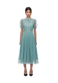 SELF PORTRAIT - Turkusowa sukienka mini z koronką. Kolor: zielony. Materiał: koronka. Wzór: koronka. Typ sukienki: plisowane, rozkloszowane, dopasowane. Długość: mini