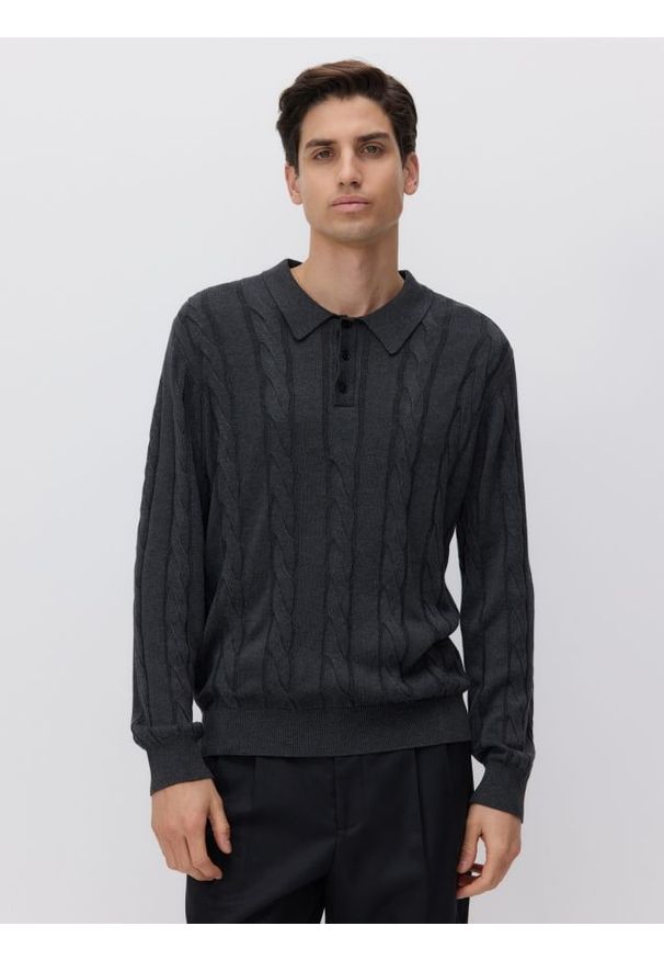 Reserved - Sweter polo z długim rękawem - szary. Typ kołnierza: polo. Kolor: szary. Materiał: wiskoza, dzianina. Długość rękawa: długi rękaw. Długość: długie