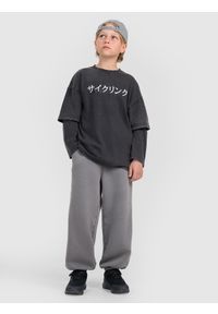 4f - 4F Longsleeve oversize z nadrukiem chłopięcy - szary 140 (9-10 lat). Okazja: na co dzień. Kolor: szary. Materiał: jersey, bawełna, tkanina, materiał. Długość rękawa: długi rękaw. Długość: długie. Wzór: nadruk. Sezon: lato. Styl: vintage, klasyczny, sportowy, casual