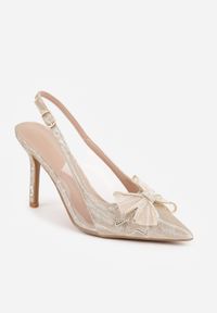 Renee - Beżowe Szpilki VICES Slingback z Kokardą Cyrkoniami i Transparetną Wstawką Kalilise. Zapięcie: sprzączka. Kolor: beżowy. Materiał: satyna. Wzór: aplikacja. Obcas: na szpilce. Styl: elegancki #6