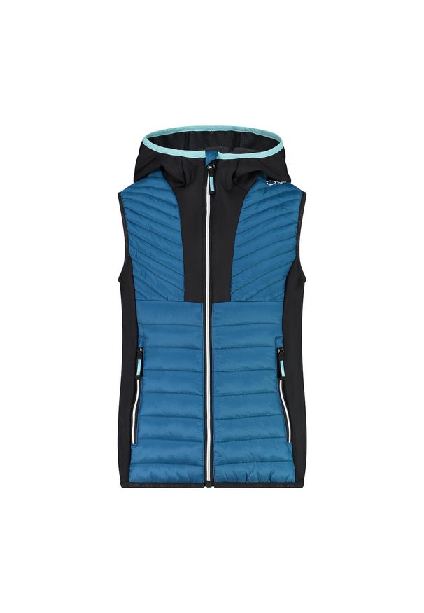 Dziewczęca kurtka bez rękawów z kapturem CMP. Typ kołnierza: kaptur. Kolor: niebieski. Materiał: puch. Długość rękawa: bez rękawów. Styl: młodzieżowy