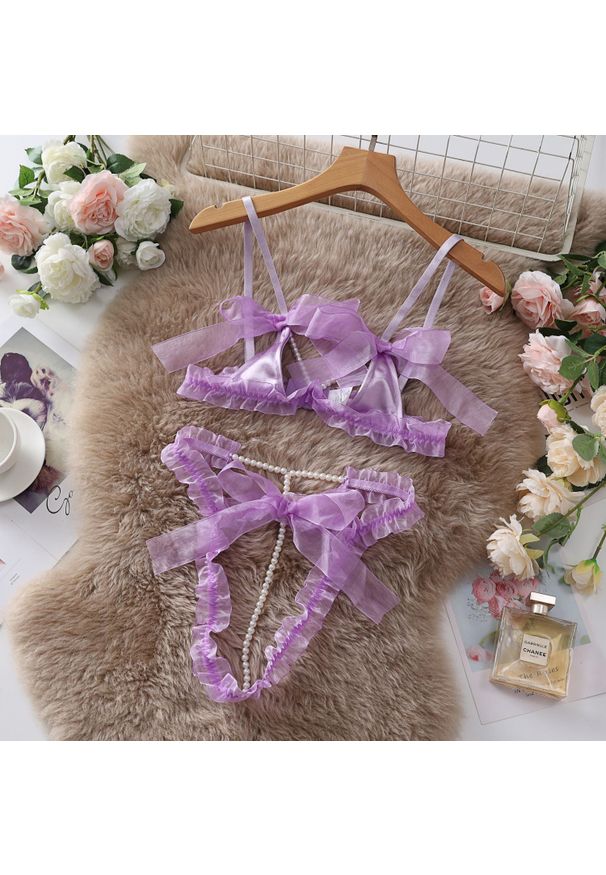 Intica - Komplet bielizny z siateczki z wstążkami Sallee. Kolor: fioletowy. Materiał: materiał