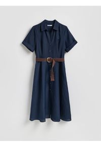 Reserved - Sukienka midi z lnem - granatowy. Kolor: niebieski. Materiał: len. Długość: midi #1