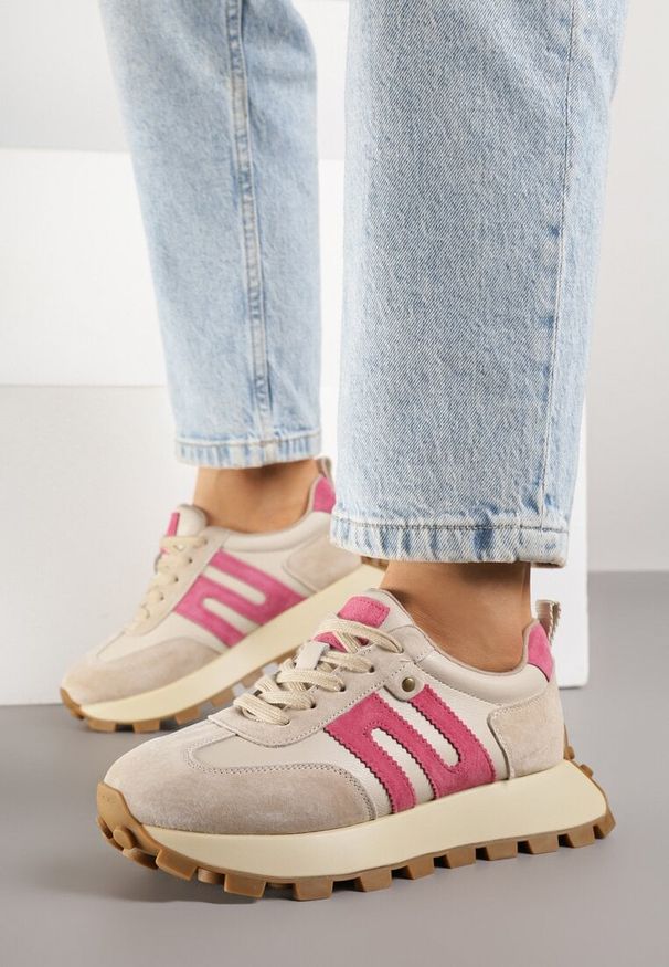 Born2be - Beżowo-Fuksjowe Skórzane Sneakersy z Geometrycznym Motywem Melussea. Okazja: na co dzień. Kolor: beżowy. Materiał: skóra. Wzór: geometria. Sezon: wiosna