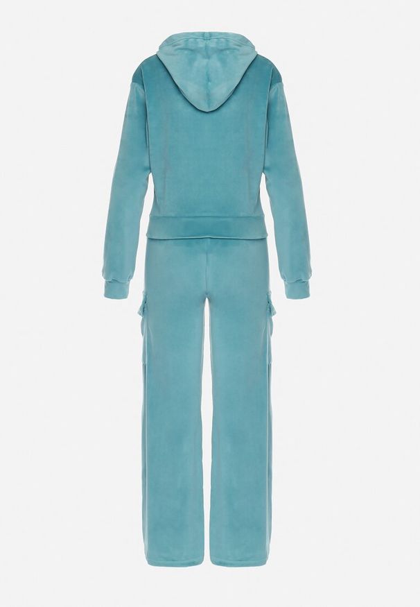 Born2be - Niebieski Welurowy Komplet Dresowy Bluza z Kapturem i Szerokie Spodnie Anirle. Kolor: niebieski. Materiał: dresówka, welur