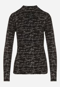 Born2be - Czarna Bluzka z Bawełny w Stylu Longsleeve z Półgolfem w Literowy Nadruk Azelenia. Okazja: na co dzień. Kolor: czarny. Materiał: bawełna. Długość rękawa: długi rękaw. Wzór: nadruk. Styl: casual #6