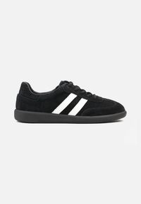 Renee - Czarno-Białe Płaskie Sneakersy ze Skóry Naturalnej z Ozdobnymi Paskami Nelarielis. Okazja: na spacer, na co dzień. Zapięcie: pasek. Kolor: czarny. Materiał: skóra. Wzór: paski. Sport: turystyka piesza #6