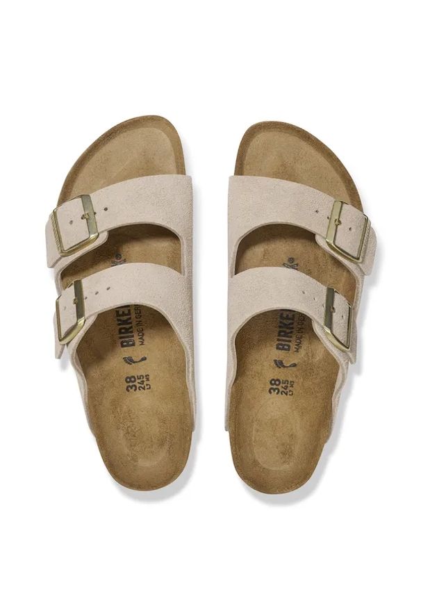 Birkenstock - Klapki damskie BIRKENSTOCK Arizona LEVE Sandcastle. Okazja: na plażę. Kolor: beżowy. Materiał: materiał. Wzór: paski. Sezon: lato. Styl: klasyczny, elegancki