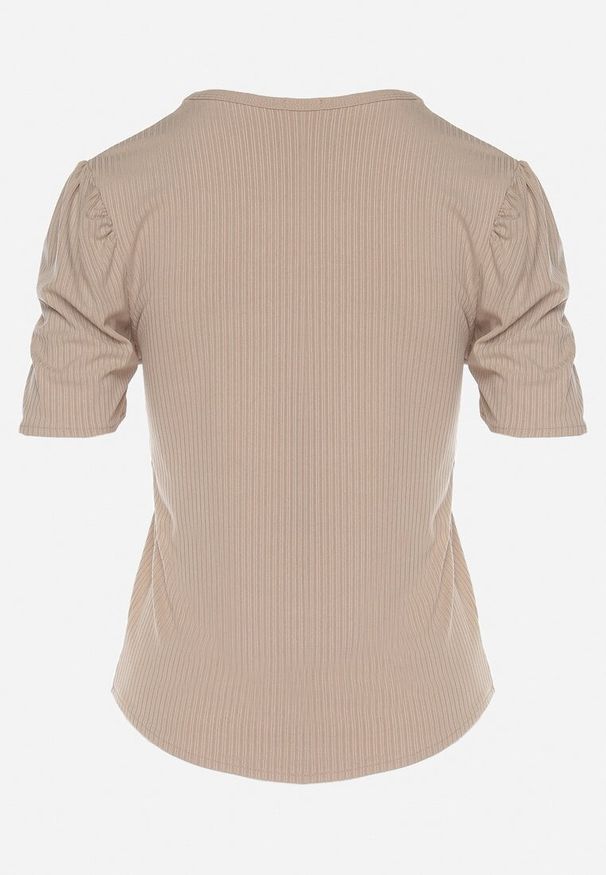 Born2be - Ciemnobeżowy T-shirt z Dekoltem w Serek Sunesse. Okazja: na co dzień. Typ kołnierza: dekolt w serek. Kolor: beżowy. Materiał: jeans. Styl: klasyczny, casual