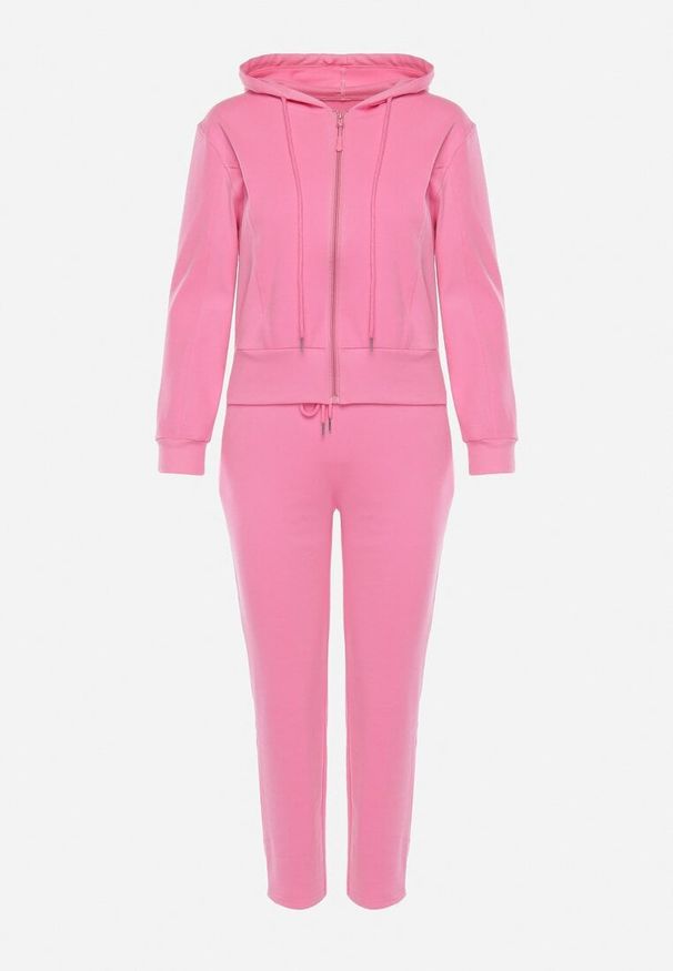Born2be - Różowy Komplet Dresowy Rozpinana Bluza z Kapturem Wykończona Ściągaczem i Spodnie z Gumką w Pasie Starkie. Kolor: różowy. Materiał: dresówka