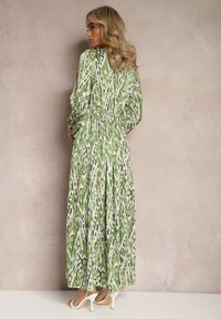 Renee - Zielona Rozkloszowana Sukienka Maxi z Gumką w Pasie Ozdobiona Abstrakcyjnym Wzorem Raliven. Kolor: zielony. Wzór: aplikacja. Długość: maxi