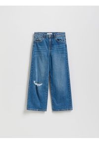 Reserved - Jeansy wide leg z przetarciem - niebieski. Kolor: niebieski
