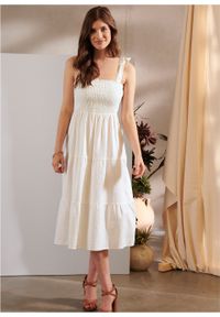 Sukienka midi lniana bonprix biel wełny. Kolor: biały. Materiał: wełna, len. Długość rękawa: na ramiączkach. Długość: midi #4