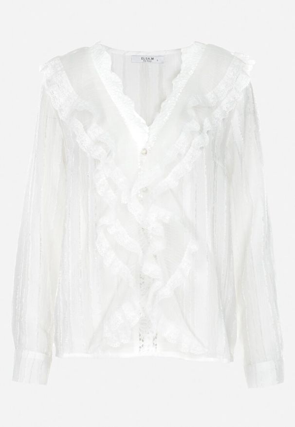 Born2be - Biała Koszula z Falbankami i Ażurową Koronką Fairwillow. Typ kołnierza: kołnierz z falbankami. Kolor: biały. Materiał: koronka. Wzór: ażurowy, koronka. Styl: vintage