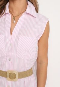 Born2be - Jasnoróżowa Bawełniana Sukienka Koszulowa z Gumką w Talii i Paskiem z Klamrą Xalorea. Kolor: różowy. Materiał: bawełna. Wzór: paski. Typ sukienki: koszulowe #4