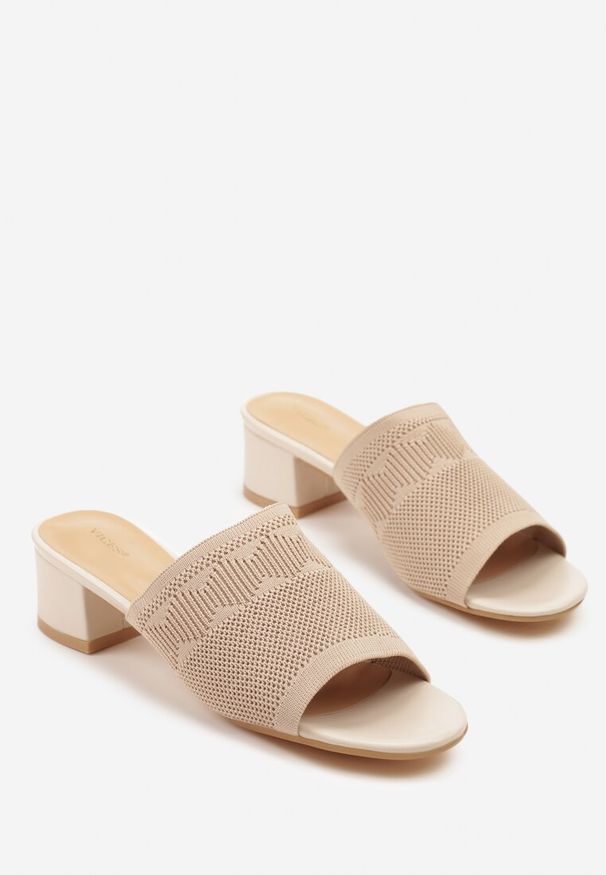 Renee - Beżowe Klapki na Słupku Vices z Plecioną Cholewką Linarrea. Okazja: na co dzień. Kolor: beżowy. Sezon: wiosna. Obcas: na słupku. Styl: casual, elegancki. Wysokość obcasa: średni