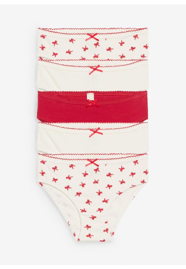 bonprix - Figi z miękkiej dzianiny prążkowanej z satynową kokardką (5 szt.). Kolor: biały. Materiał: dzianina, satyna, prążkowany