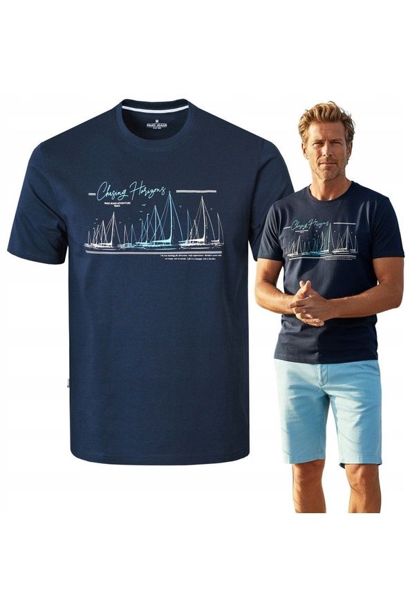 Męska Koszulka (T-Shirt) - Pako Jeans - Granatowa, Motyw Regatowy, Żeglarski. Okazja: na co dzień. Kolor: niebieski. Materiał: bawełna. Wzór: nadruk. Styl: casual