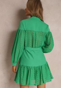 Renee - Zielona Sukienka Damiope. Kolor: zielony. Materiał: materiał, tkanina, koronka. Długość rękawa: długi rękaw. Wzór: ażurowy, jednolity, koronka, gładki. Długość: mini #3