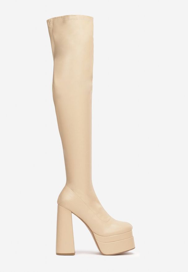 Born2be - Beżowe Kozaki na Platformie i Słupku Boosah. Wysokość cholewki: za kolano. Nosek buta: okrągły. Kolor: beżowy. Materiał: skóra ekologiczna. Szerokość cholewki: normalna. Obcas: na platformie