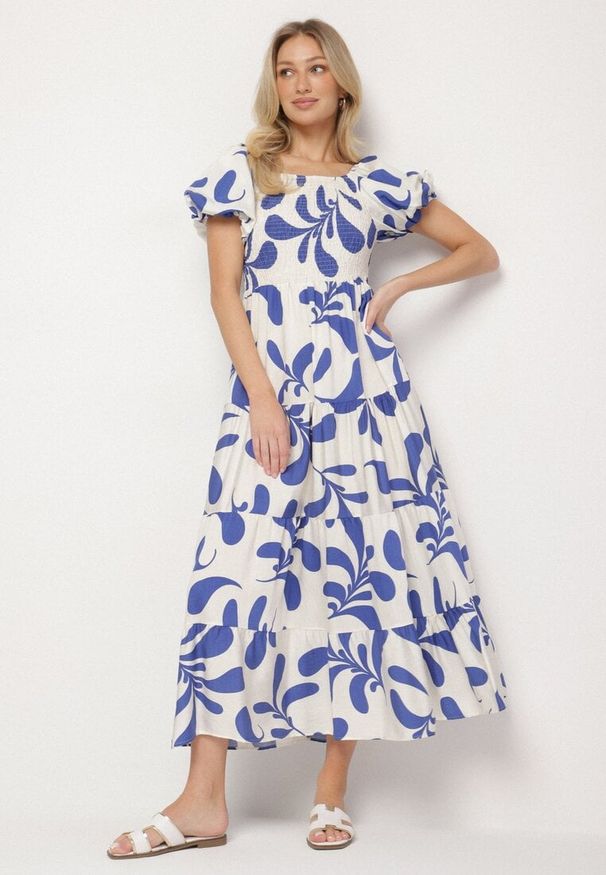 Born2be - Niebieska Rozkloszowana Sukienka z Elastyczną Górą i Bufiastymi Rękawami Orrivene. Okazja: na co dzień. Typ kołnierza: dekolt kwadratowy. Kolor: niebieski. Typ sukienki: proste. Styl: elegancki, casual