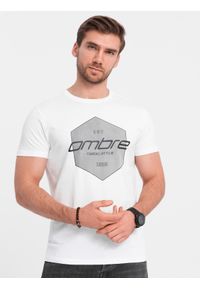 Ombre Clothing - T-shirt męski bawełniany z nadrukiem geometrycznym i logotypem - biały V1 OM-TSPT-0141 - XXL. Kolor: biały. Materiał: bawełna. Wzór: nadruk, geometria #4