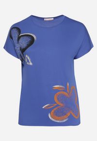 Born2be - Niebieski Klasyczny T-shirt z Bawełny Ozdobiony Nadrukiem i Cyrkoniami Kristinae. Okazja: na co dzień. Kolor: niebieski. Materiał: bawełna. Wzór: nadruk, aplikacja. Styl: klasyczny