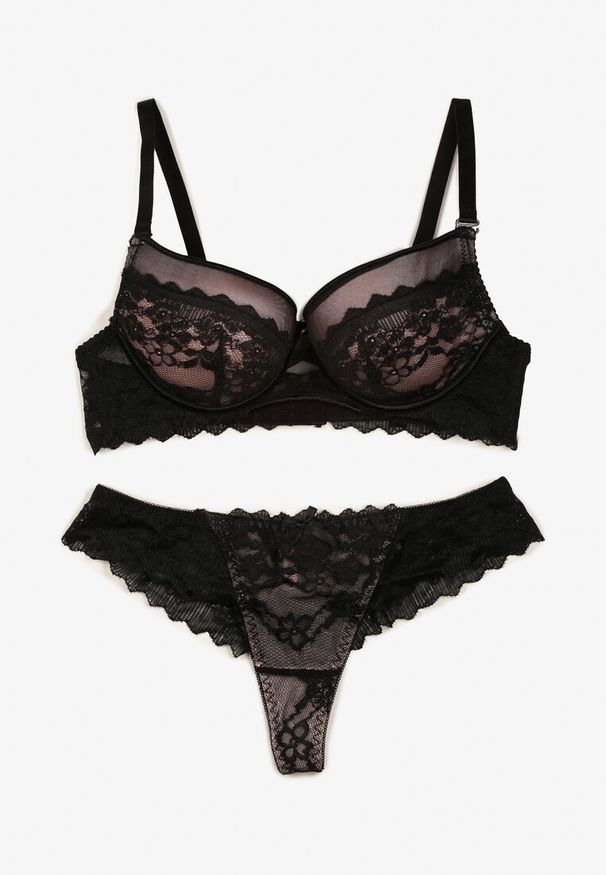 Renee - Czarno-Różowy Koronkowy Komplet Bielizny Biustonosz Usztywniony Push Up i Stringi Jasminesa. Kolor: czarny. Materiał: koronka. Rodzaj stanika: push-up. Wzór: aplikacja