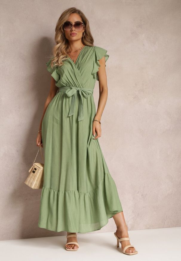 Renee - Zielona Rozkloszowana Sukienka Maxi z Gumką w Talii Lavla. Kolor: zielony. Materiał: materiał. Długość: maxi