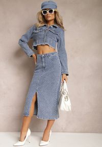 Renee - Granatowa Jeansowa Spódnica Ołówkowa z Rozcięciem z Przodu Aperuna. Kolor: niebieski. Materiał: jeans
