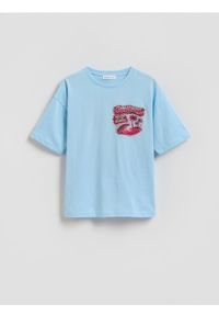 Reserved - Bawełniany t-shirt z nadrukiem - jasnoniebieski. Kolor: niebieski. Materiał: bawełna. Wzór: nadruk #1