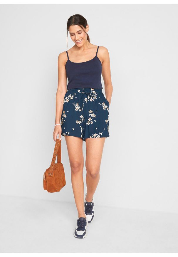 bonprix - Szorty z wiskozy z wiązanym paskiem (2 szt.). Kolor: niebieski. Materiał: wiskoza. Długość: krótkie. Wzór: nadruk