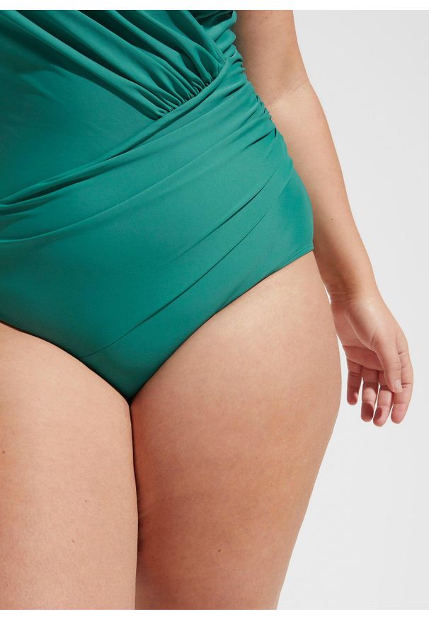 bonprix - Modelujący kostium kąpielowy, średni stopień modelowania sylwetki, z dekoltem kopertowym. Kolor: zielony. Materiał: materiał