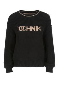 Ochnik - Czarny sweter damski z logo OCHNIK. Kolor: czarny. Materiał: materiał. Długość: długie. Wzór: napisy. Styl: elegancki