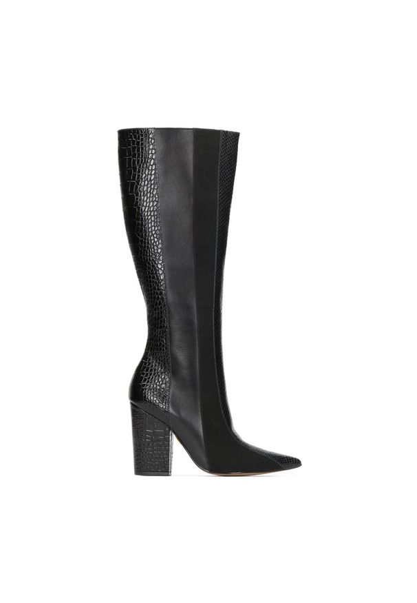 Kazar - Czarne kozaki damskie. Wysokość cholewki: przed kolano. Kolor: czarny. Materiał: skóra, nubuk. Szerokość cholewki: normalna. Wzór: gładki. Obcas: na obcasie. Wysokość obcasa: średni