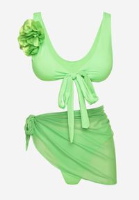 Born2be - Jasnozielone Bikini Biustonosz z Odpinanym Kwiatem 3D Majtki Typu Figi i Siateczkowe Pareo Folane. Kolor: zielony. Wzór: kwiaty #5