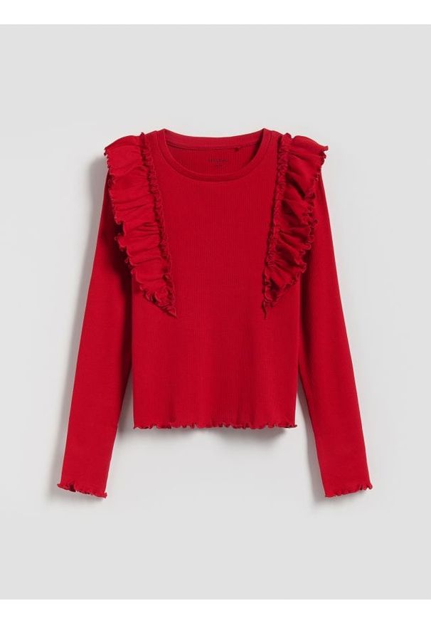 Reserved - Prążkowana bluzka z falbanką - czerwony. Kolor: czerwony. Materiał: prążkowany