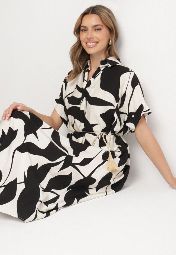 Born2be - Czarna Sukienka Rozkloszowana z Bawełną w Abstrakcyjny Print Telanisa. Okazja: na co dzień. Kolor: czarny. Materiał: bawełna. Wzór: nadruk. Typ sukienki: rozkloszowane. Styl: elegancki, casual