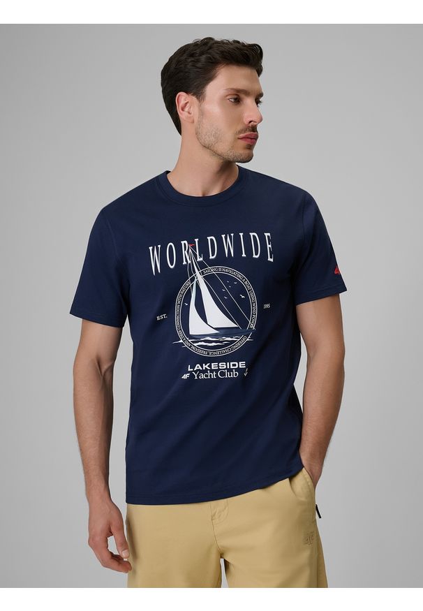 4f - 4F T-shirt regular z nadrukiem męski - granatowy S. Okazja: na co dzień. Kolor: niebieski. Materiał: materiał, bawełna, jeans, dresówka, dzianina. Wzór: nadruk. Styl: klasyczny, casual