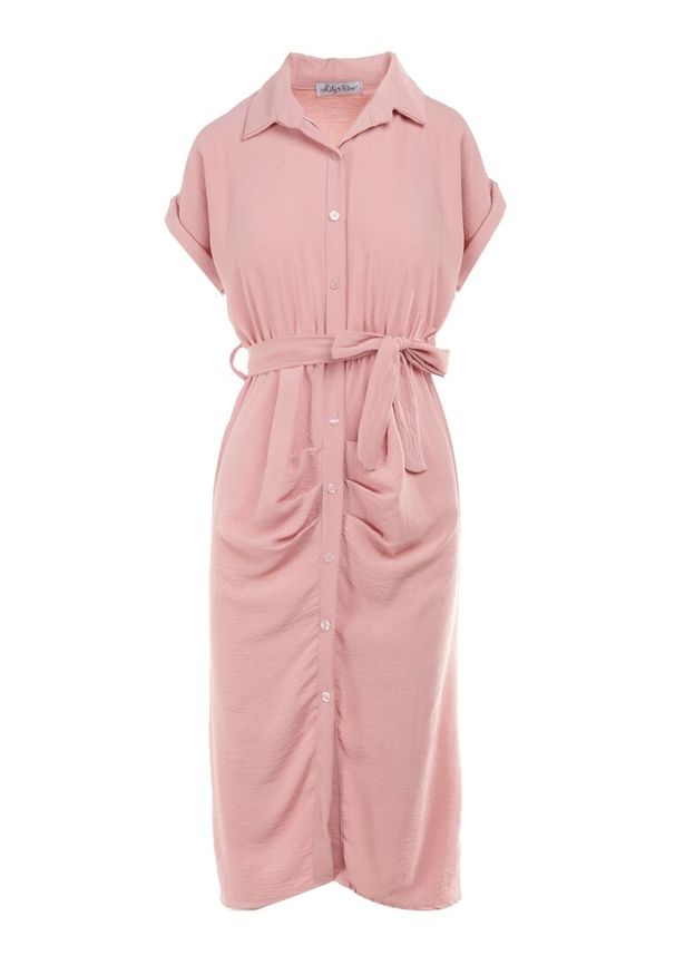 Born2be - Ciemnoróżowa Sukienka Vipny. Okazja: na co dzień. Kolor: różowy. Materiał: tkanina, materiał. Długość rękawa: krótki rękaw. Wzór: aplikacja, gładki, jednolity. Typ sukienki: koszulowe. Styl: casual, klasyczny. Długość: midi