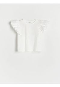 Reserved - Bawełniany t-shirt z falbanką - złamana biel. Materiał: bawełna